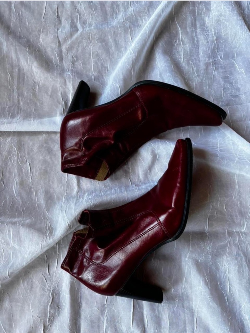Vintage 90s Franco Sarto Oxblood Leather Pointed Toe Witchy Ankle Boots